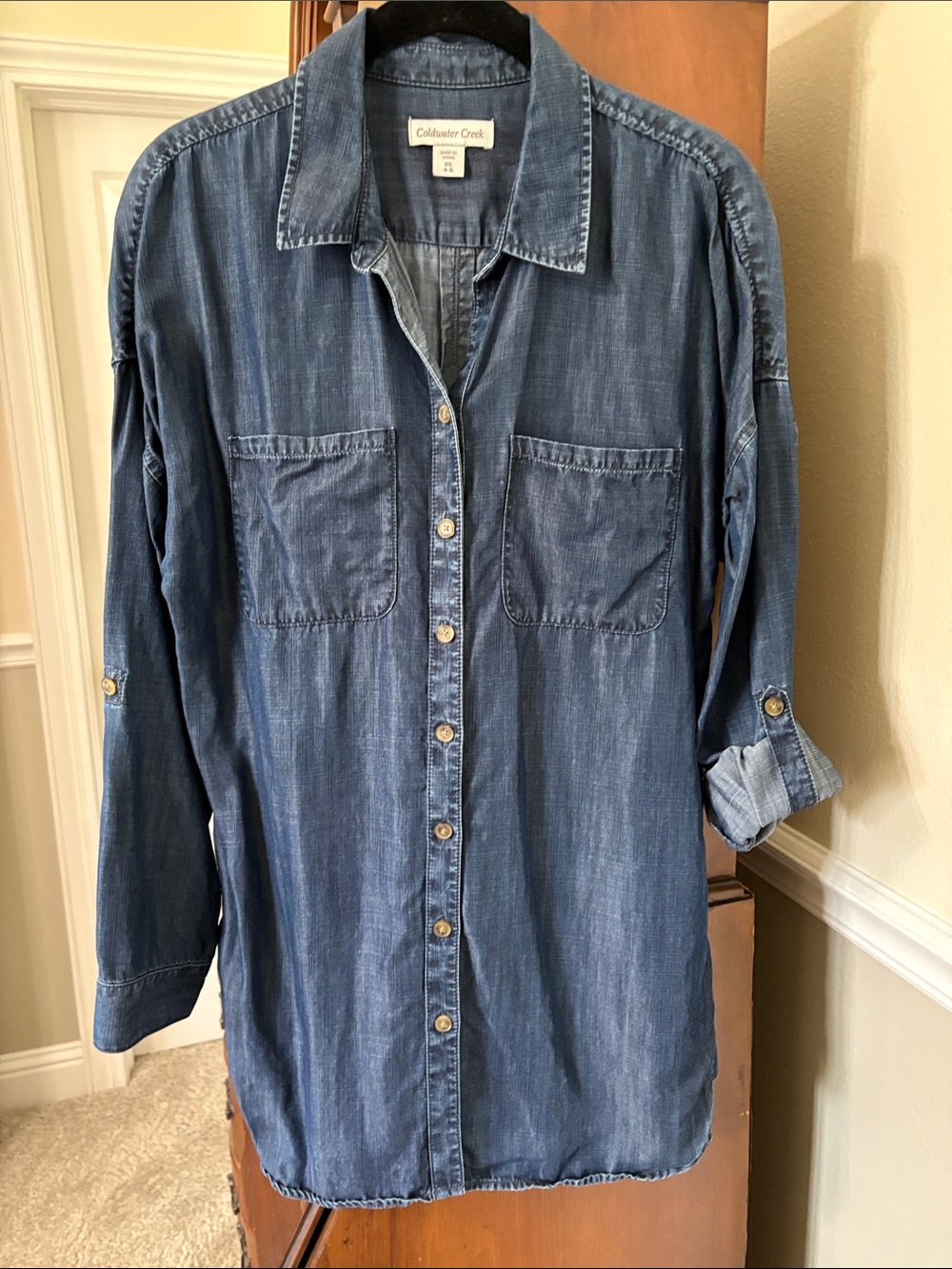 Coldwater Creek Medium Tencel Denim Button-Up Tunic Long or Tab Rollup Sleeves